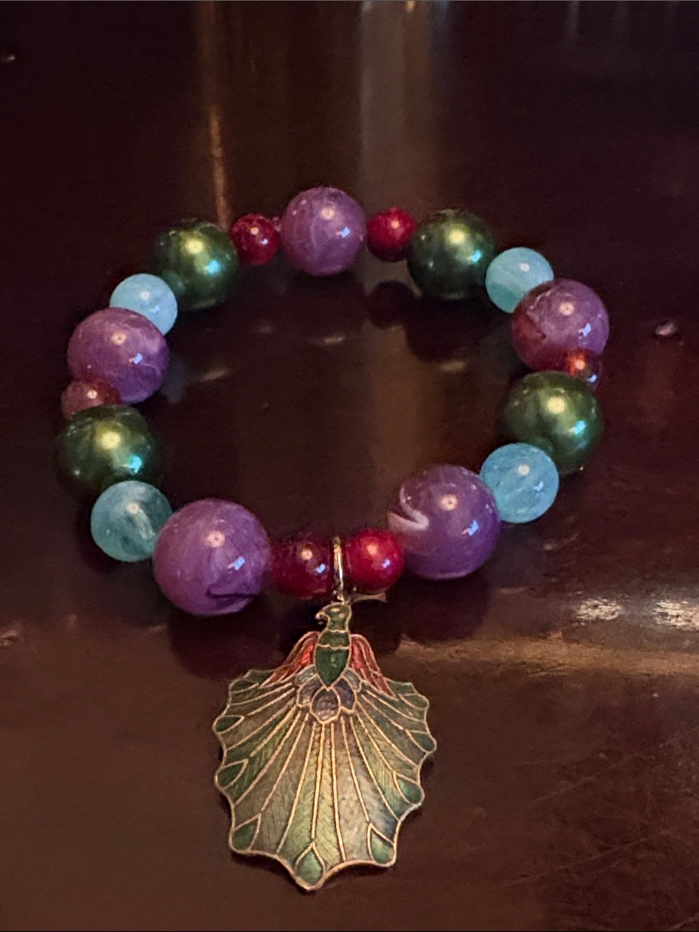 Coco creations,cloissone peacock, lampwork, beads, and gemstone stretch bracelet